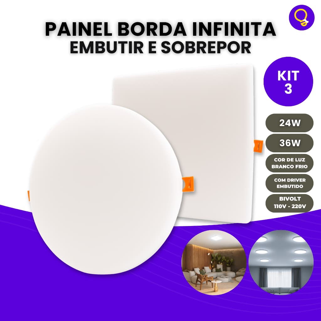 Kit 3 Painel Led 6000k Borda Infinita 2em1 Embutir Sobrepor 24w/36w