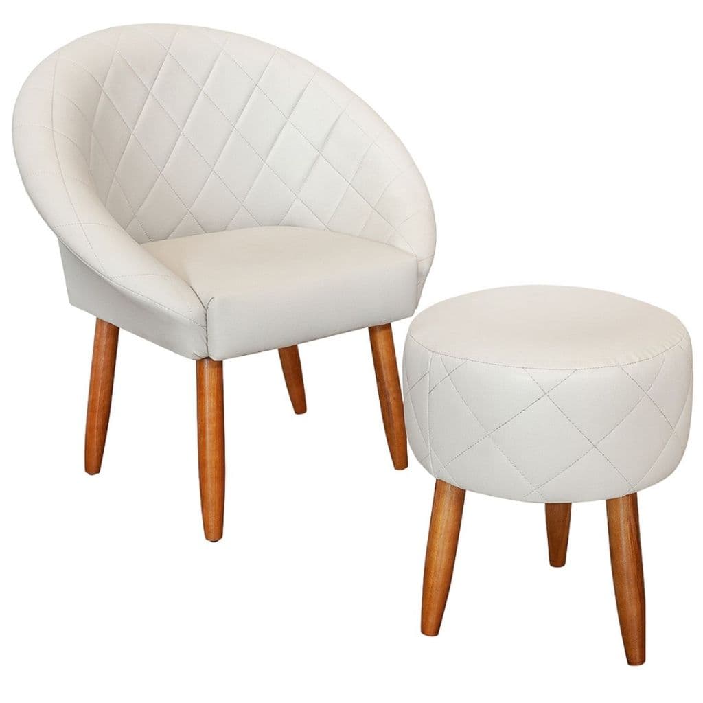 Conjunto 1 Poltrona 1 Puff Tecido Corano Resistente Pés de Madeira Reforçado para Sala de Estar