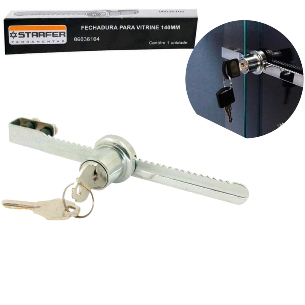 Fechadura Jacaré Starfer 140mm – Para Porta de Vidro de Correr, Vitrine e Balcão com Segurança