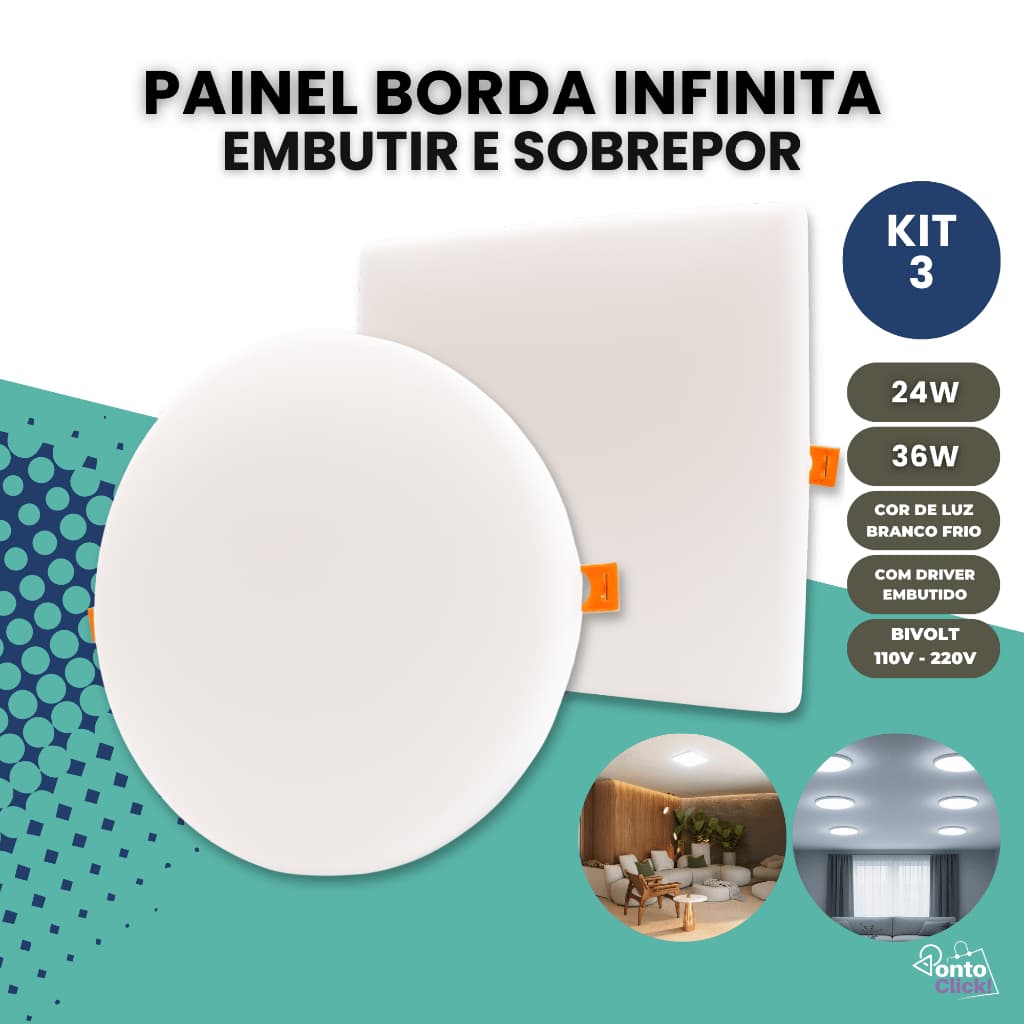 Kit 3 Painel Led 2em1 Borda Infinita 6000k Embutir Sobrepor 24w/36w