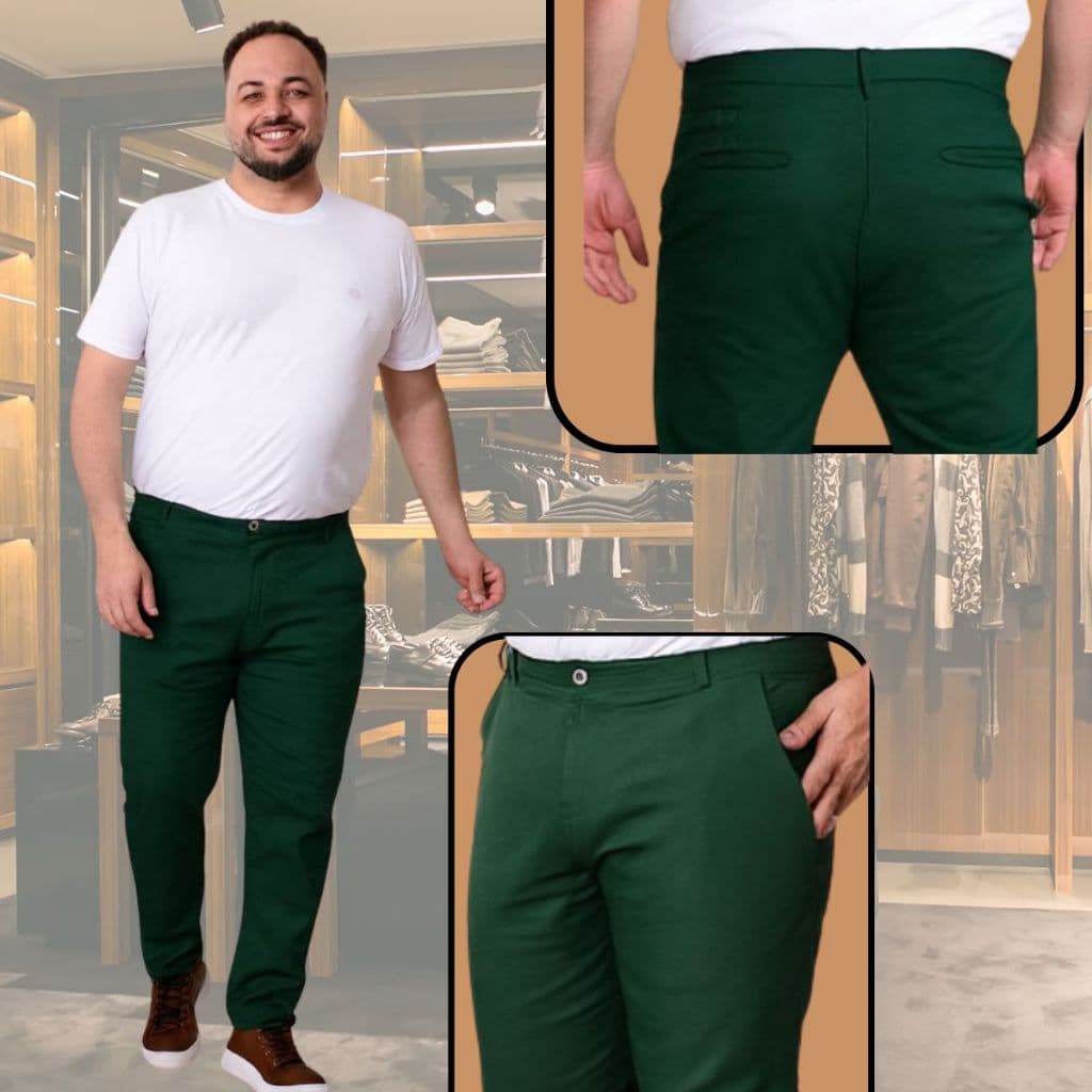 Calça Masculina Sport Fino Social Plus Size Sarja Verde Militar com Lycra Tamanhos Especiais 50 52 54 56