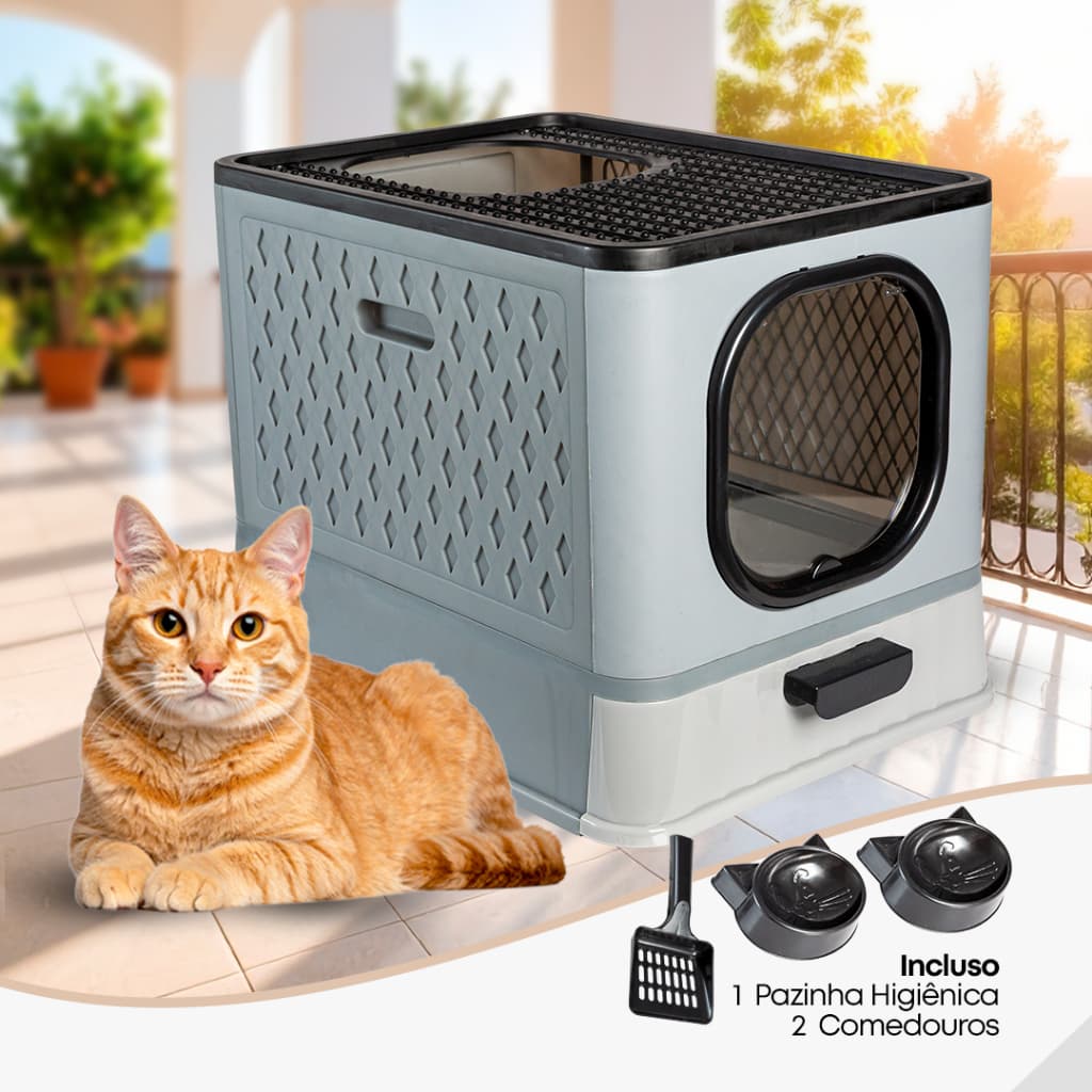 Caixa de Areia para Gatos banheiro Sanitario Antiodor Fechado com Comedouro e Pá Sandbox Jel Plast