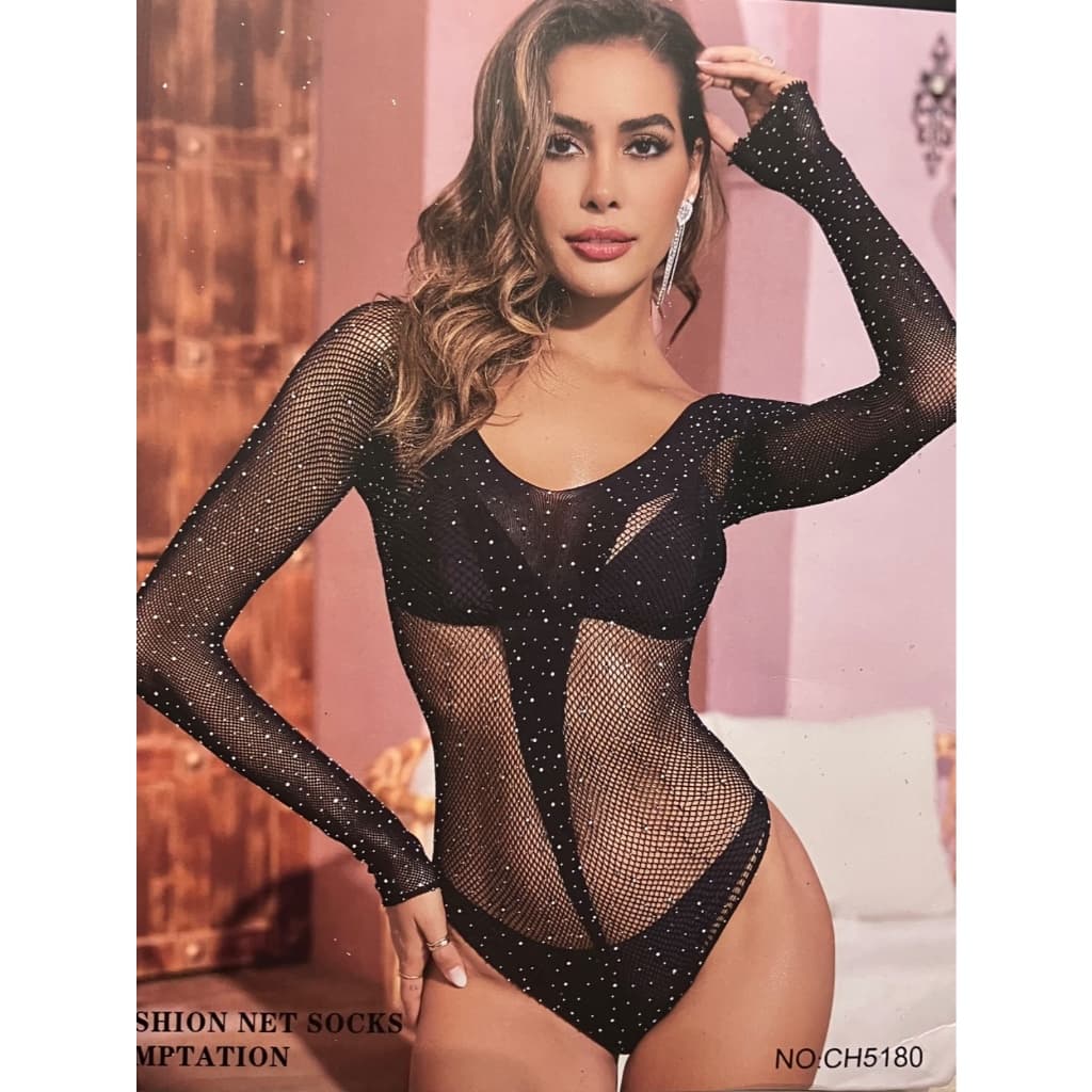 Body com Strass arrastão Preto Manga Longa