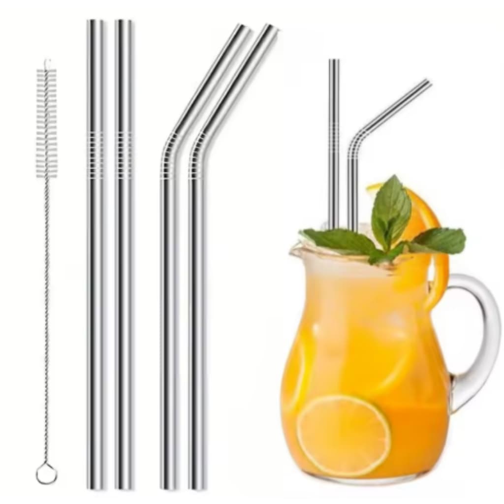 Kit 4 Canudos de Aço Inox, 2 Retos e 2 Curvados, 5mm, com Escova de Limpeza, Ideal para Bebidas em Geral, Sem Oxidação e