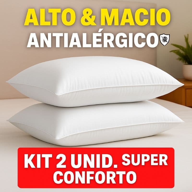 Kit 2 Travesseiros Altos e Macios – Lavável, Antialérgico e Conforto Premium