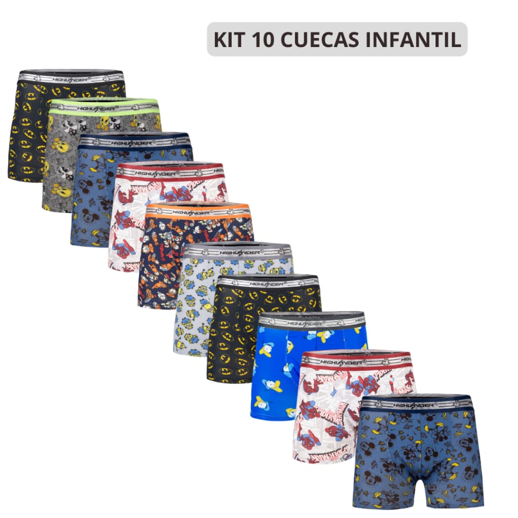 Cuecas Box Infantil Kit Com 10 Unidade Estampadas | 2 a 12 anos