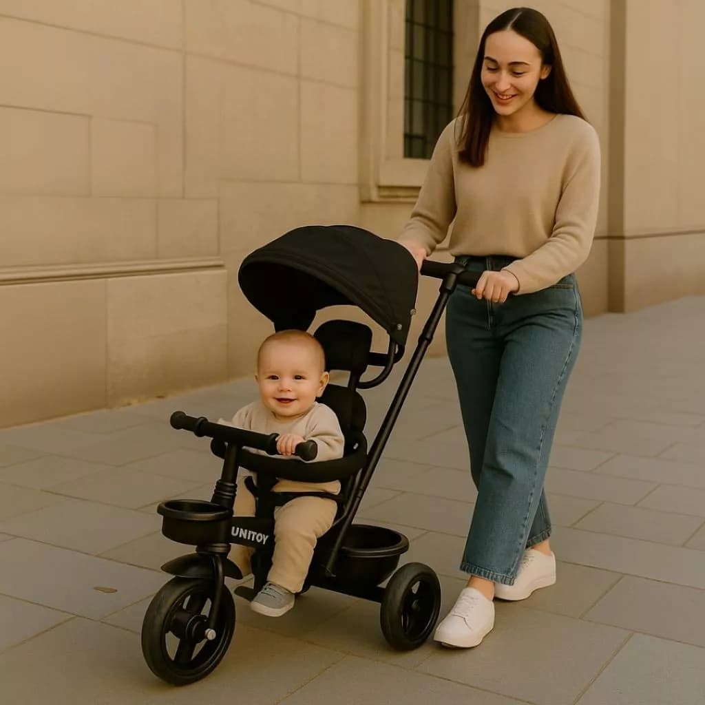 Triciclo Empurrador Vetrol Andador Bicicleta Motinha Quadriciclo Preto Proteção Sol Passeio Carrinho