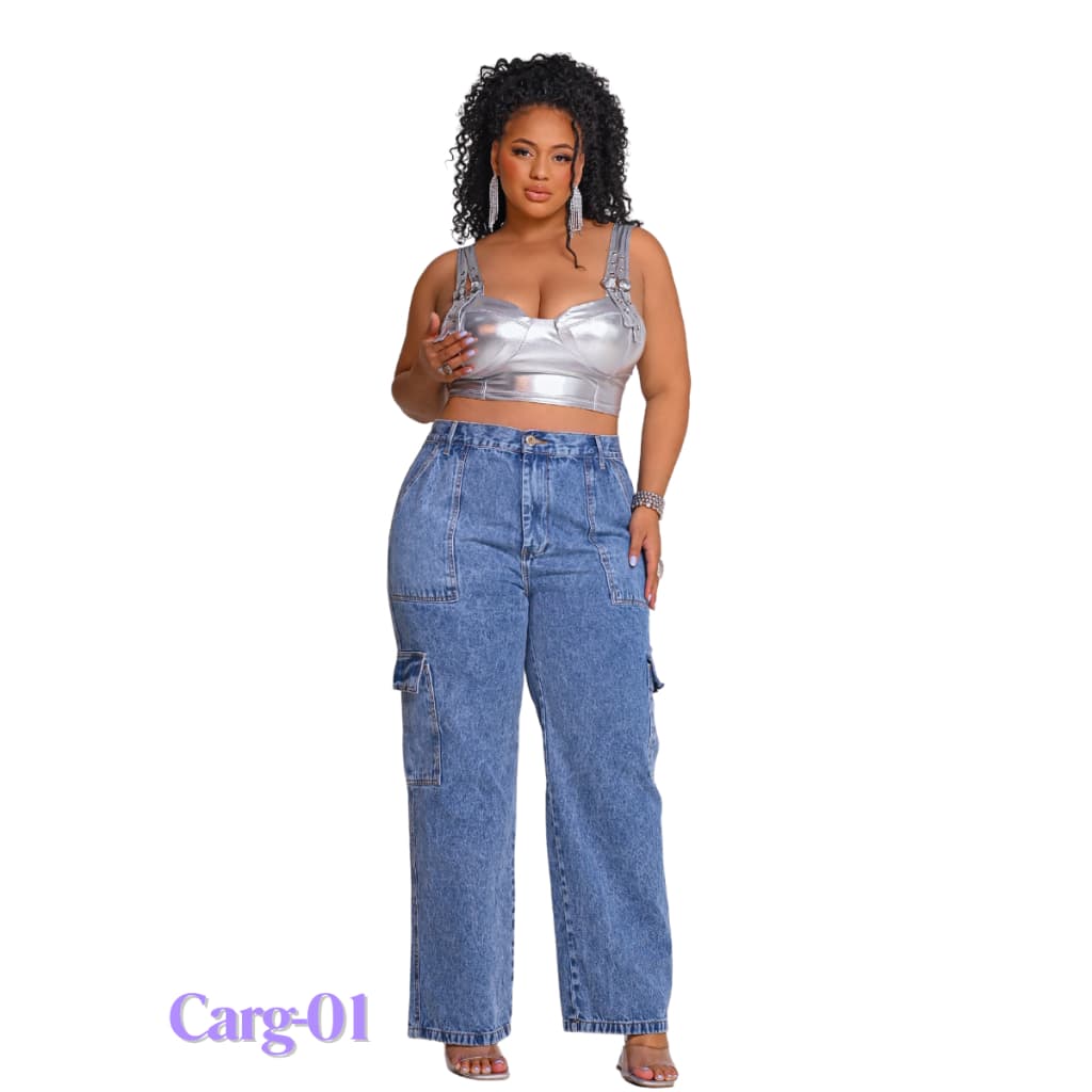 Calça Cargo Plus Size Feminina Jeans 100% Algodão Premium Curve