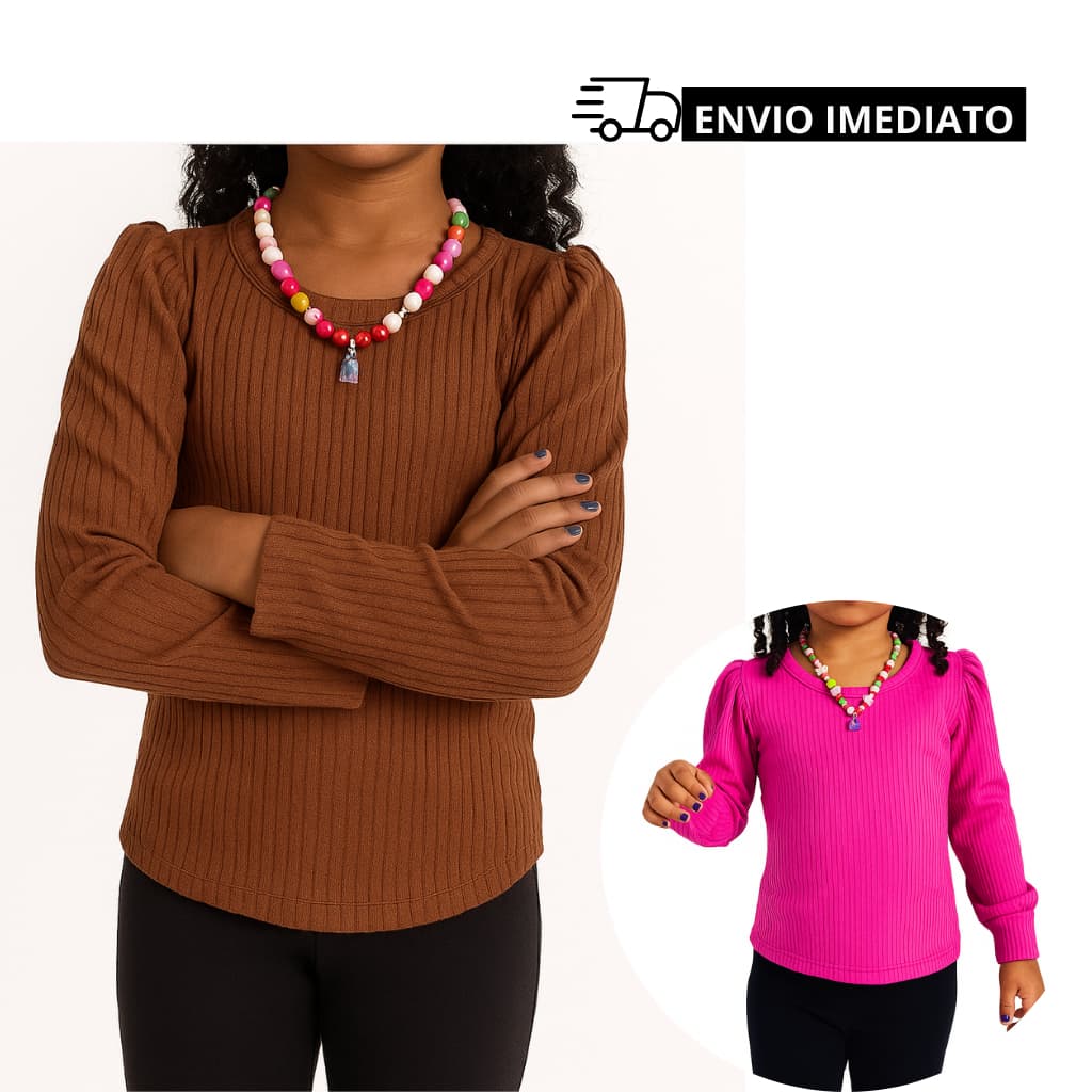 Blusa Princesa Infantil Canelada Manga Longa Blogueirinha Mini Diva Manga Bufante Longa