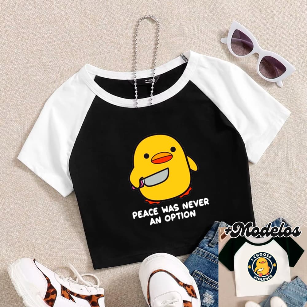 Cropped RAGLAN, Modelo PATO PEACE NEVER OPTION - Moda Alternativa Y2K Blogueira Grunge Punk Streetwear HALLOWEEN 2025