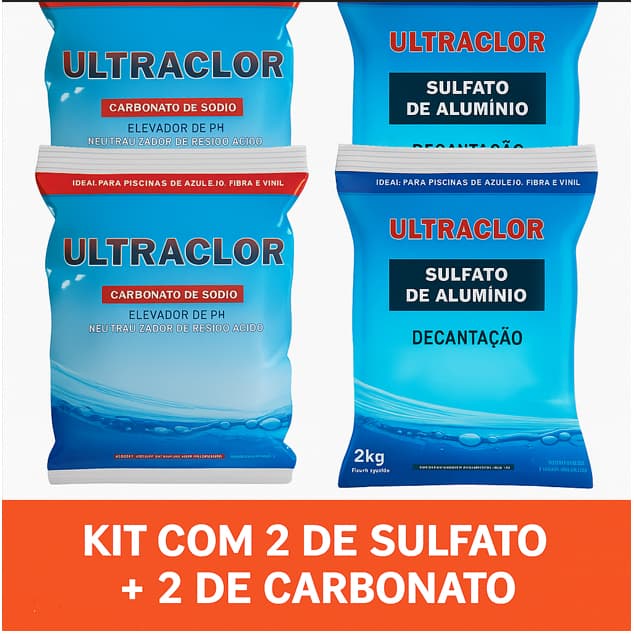 Kit 2 Barrilha Elevador PH Carbonato 2kg e 2 Sulfato de Alumínio Decantador 2kg - Ultraclor