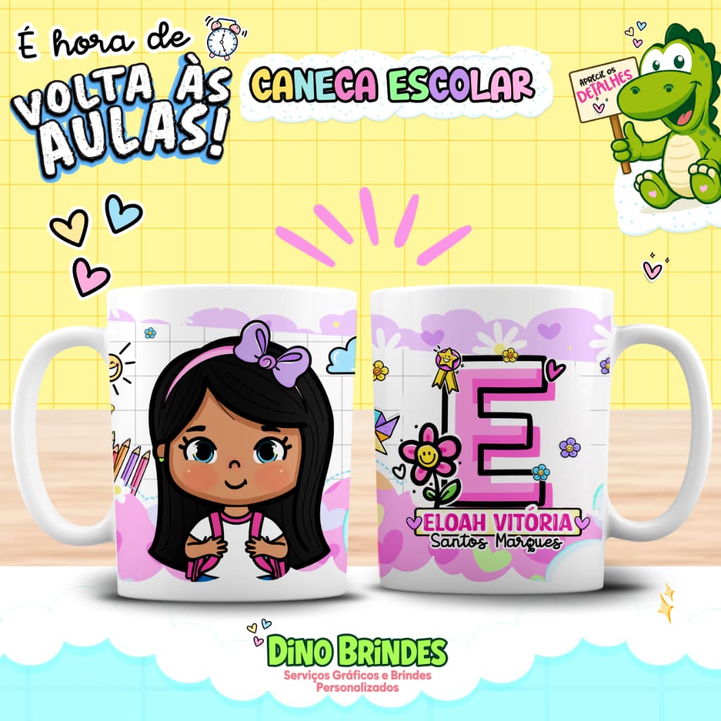 📚✨ Caneca Escolar Personalizada Infantil 400ml – 👧Alunas (Pele Morena e Cabelo Preto) ✔️