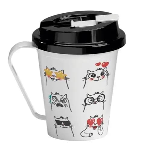 Caneca Para Café Chá Suco Decorada Gatos Com Tampa 350Ml - NITRON