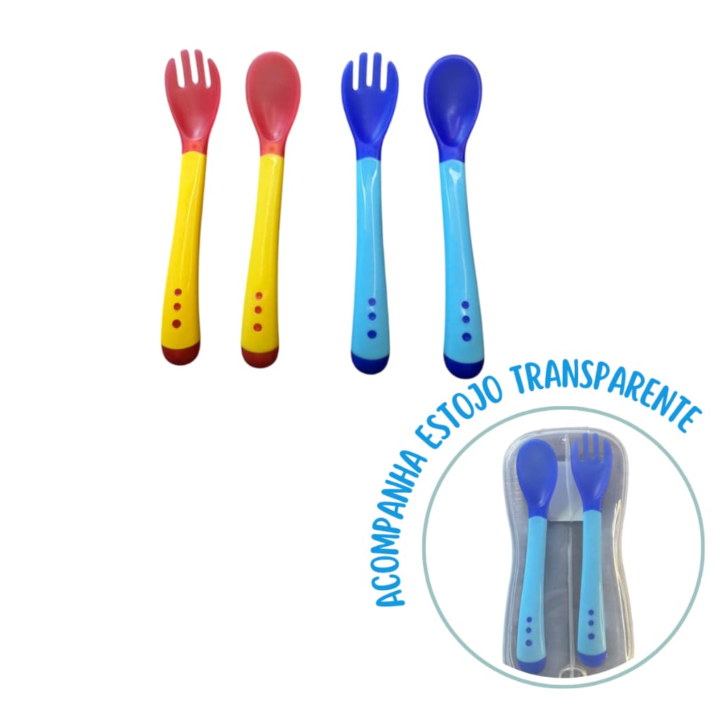 Kit Talher Garfo e Colher c/ estojo portatil termosensivel introdução Alimentar criança bebe Infantil em promoção
