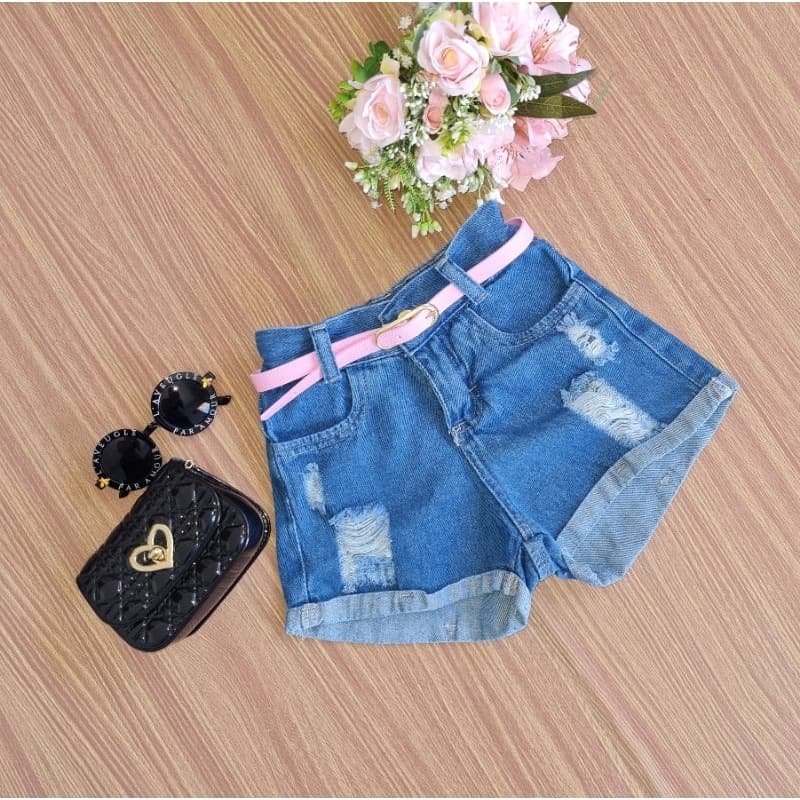Short Jeans Infantil Feminino Menina Com Cinto Moda Kids Roupa Infantil Verão Confortável