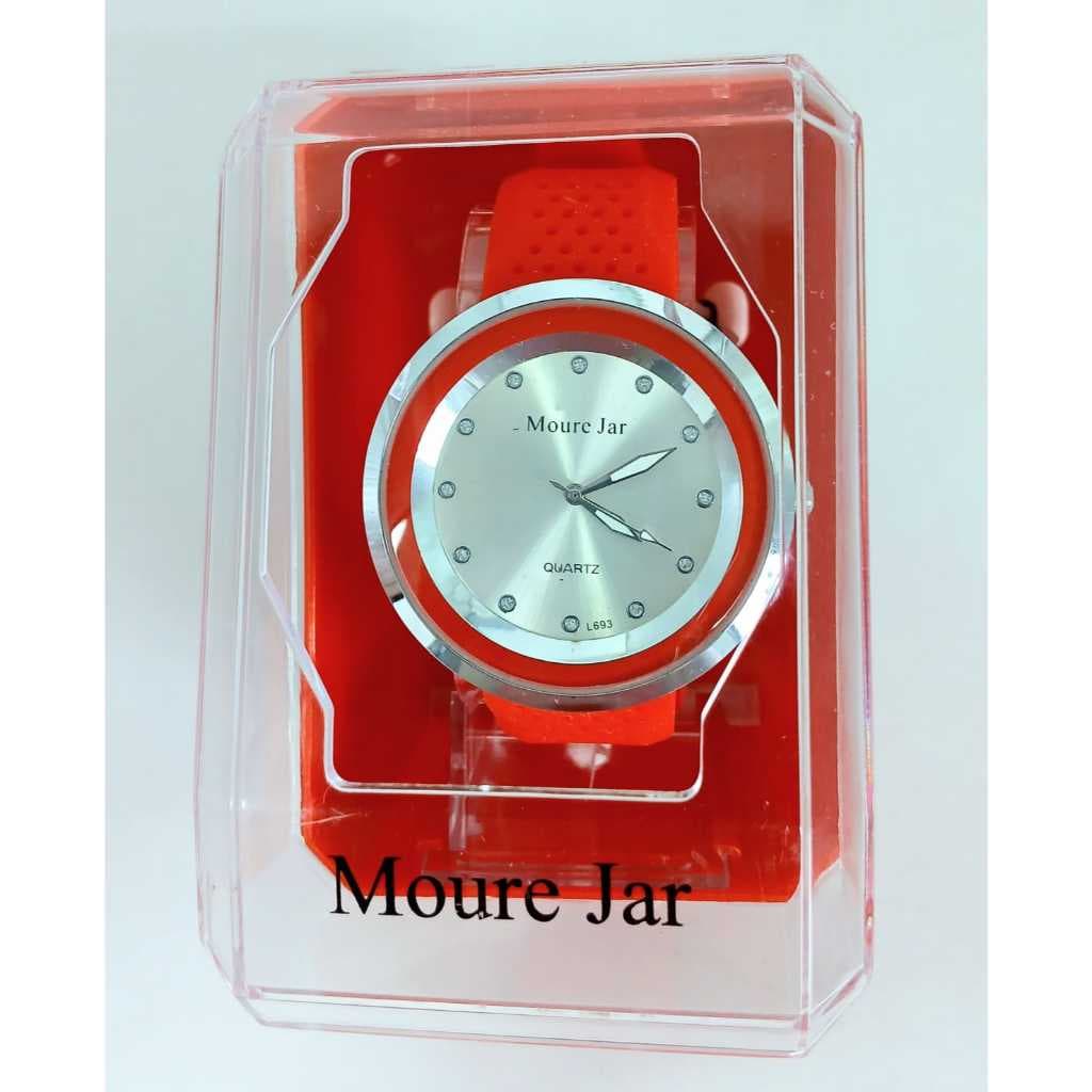 Relógio Feminino Mourejar com pulseira de borracha vermelho e mostrador prata com pontos brilhantes