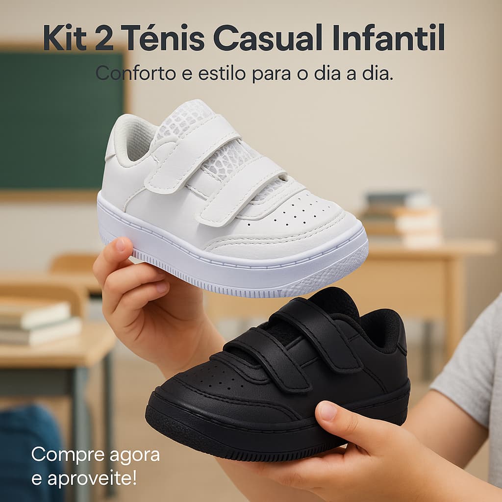 Kit 2 Tênis Preto e Branco Infantil Menino - Durável Flexível e Confortável – Pronta Entrega