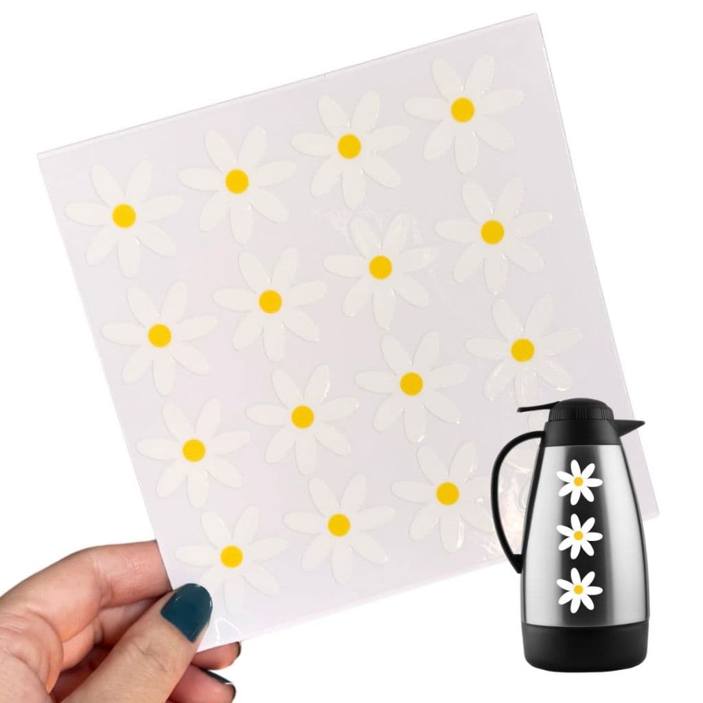 Adesivos Margaridas 3,5cm DTF UV Cartela 16 Un Impermeáveis, Laváveis e Permanentes