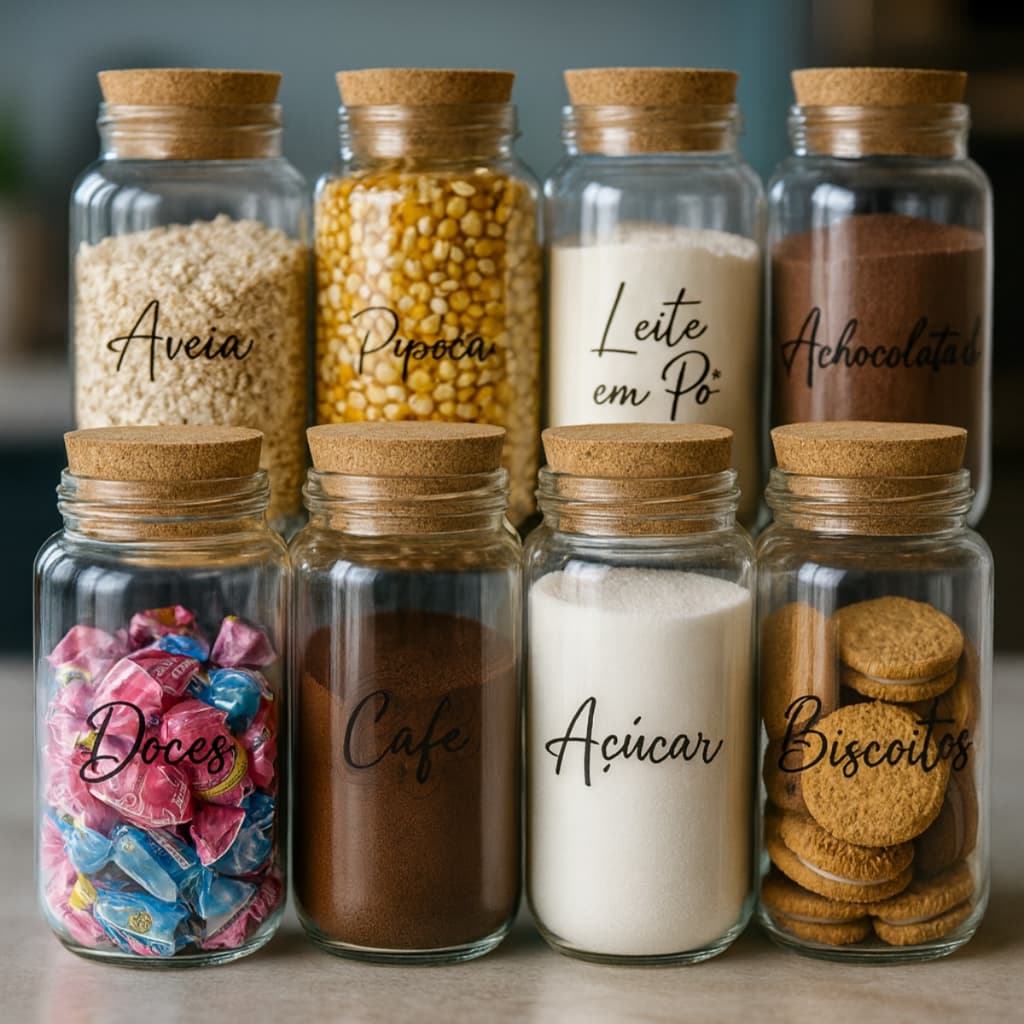 Kit Cantinho do Café - 3 Potes de Vidro com Tampa de Cortiça + Adesivos Armazenamento Cozinha Preto Branco Transparente