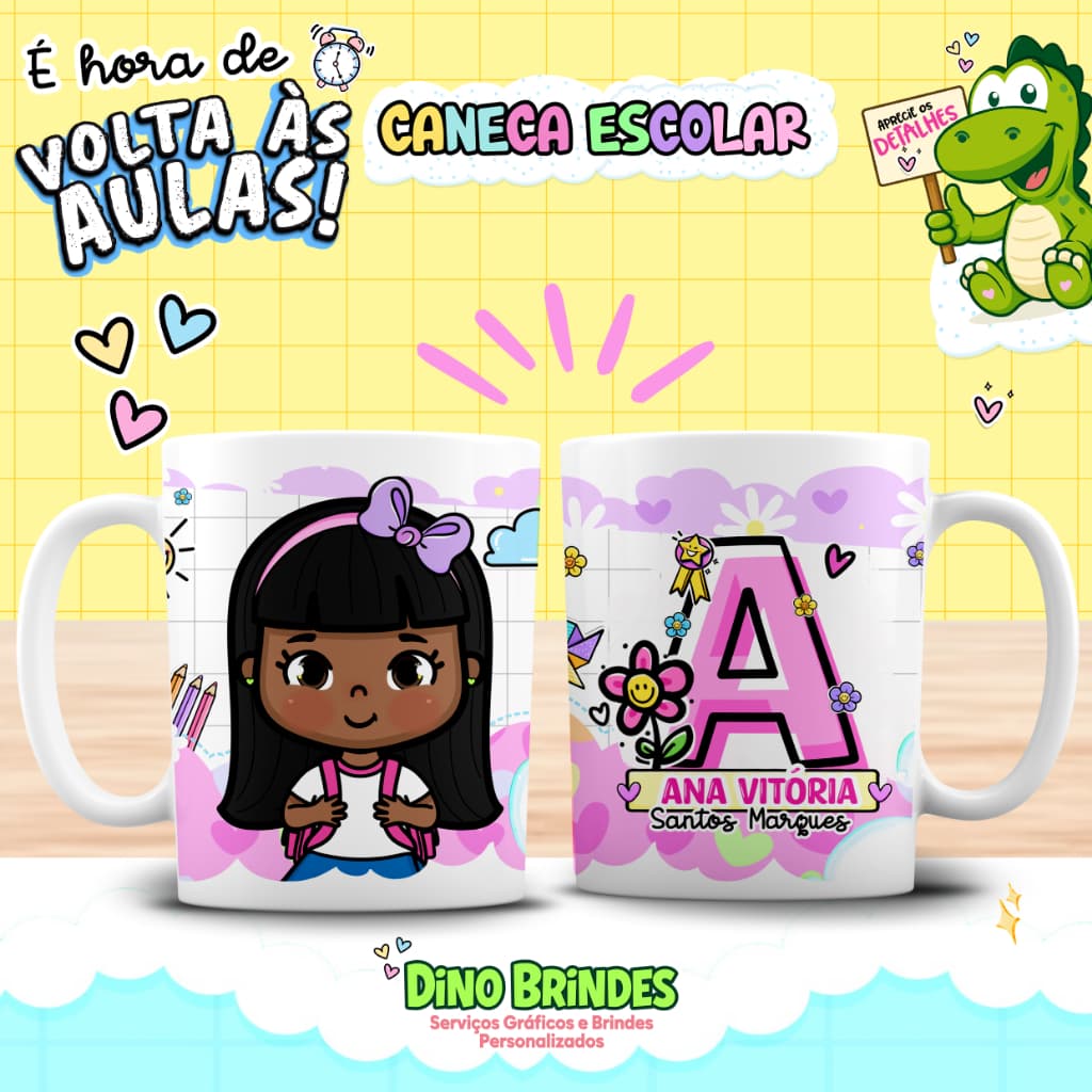 📚✨ Caneca Escolar Personalizada Infantil 400ml – 👧Alunas (Pele Negra e Cabelo Preto) ✔️