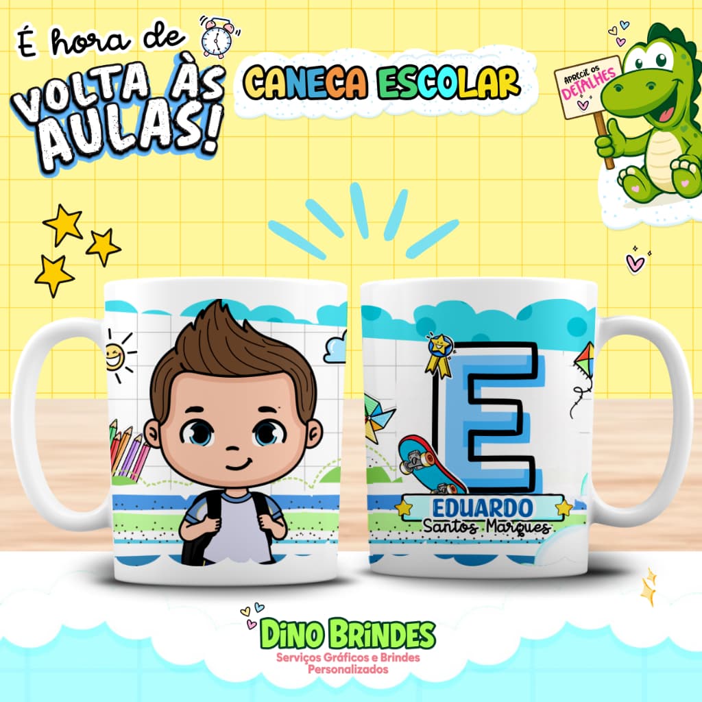 📚✨ Caneca Escolar Personalizada Infantil 400ml – 🧒Alunos (Pele Clara e Cabelo Castanho) ✔️