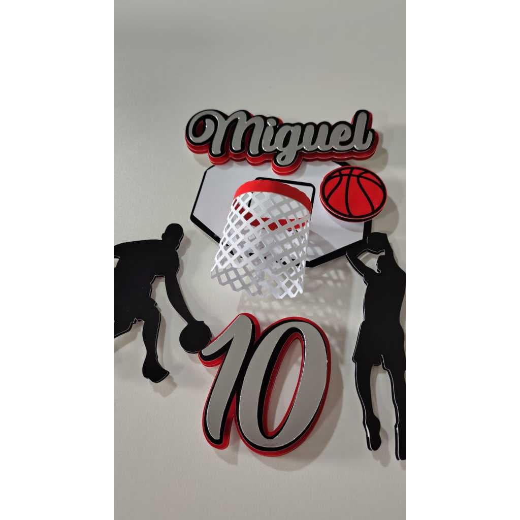 Topo de Bolo Basquete M02 Personalizado  – Nome e Idade – Decoração  – Topper Impresso/3D