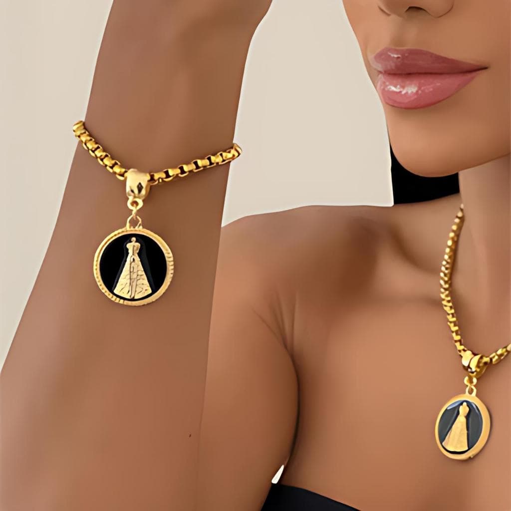 Colar Corrente e Pulseira Portugues Grosso Mulheres Dourado Colares Pingente Nossa Senhora Aparecida