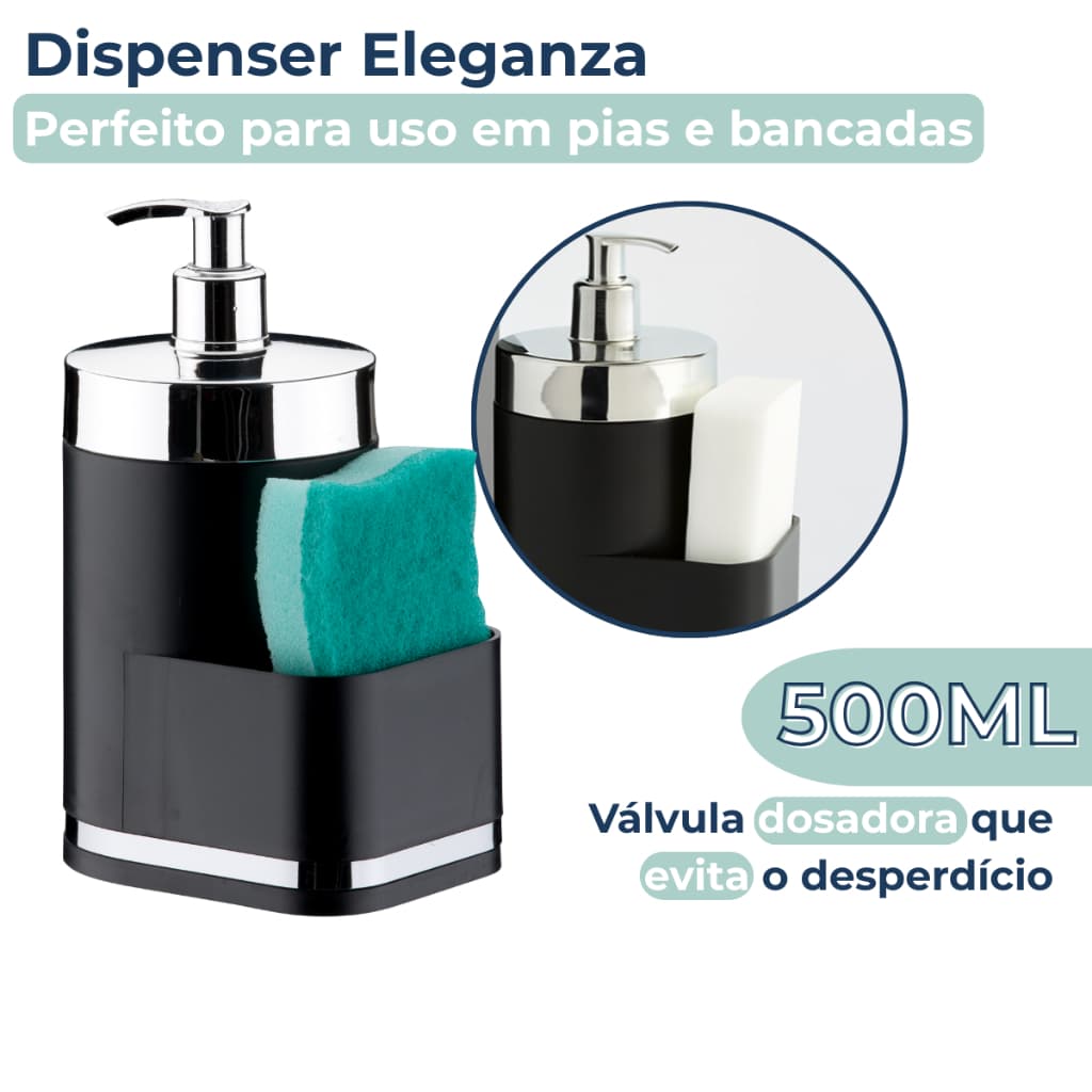 Dispenser Para Detergente Bucha de Pia Preto Cromado Suporte Organizador Esponja Future
