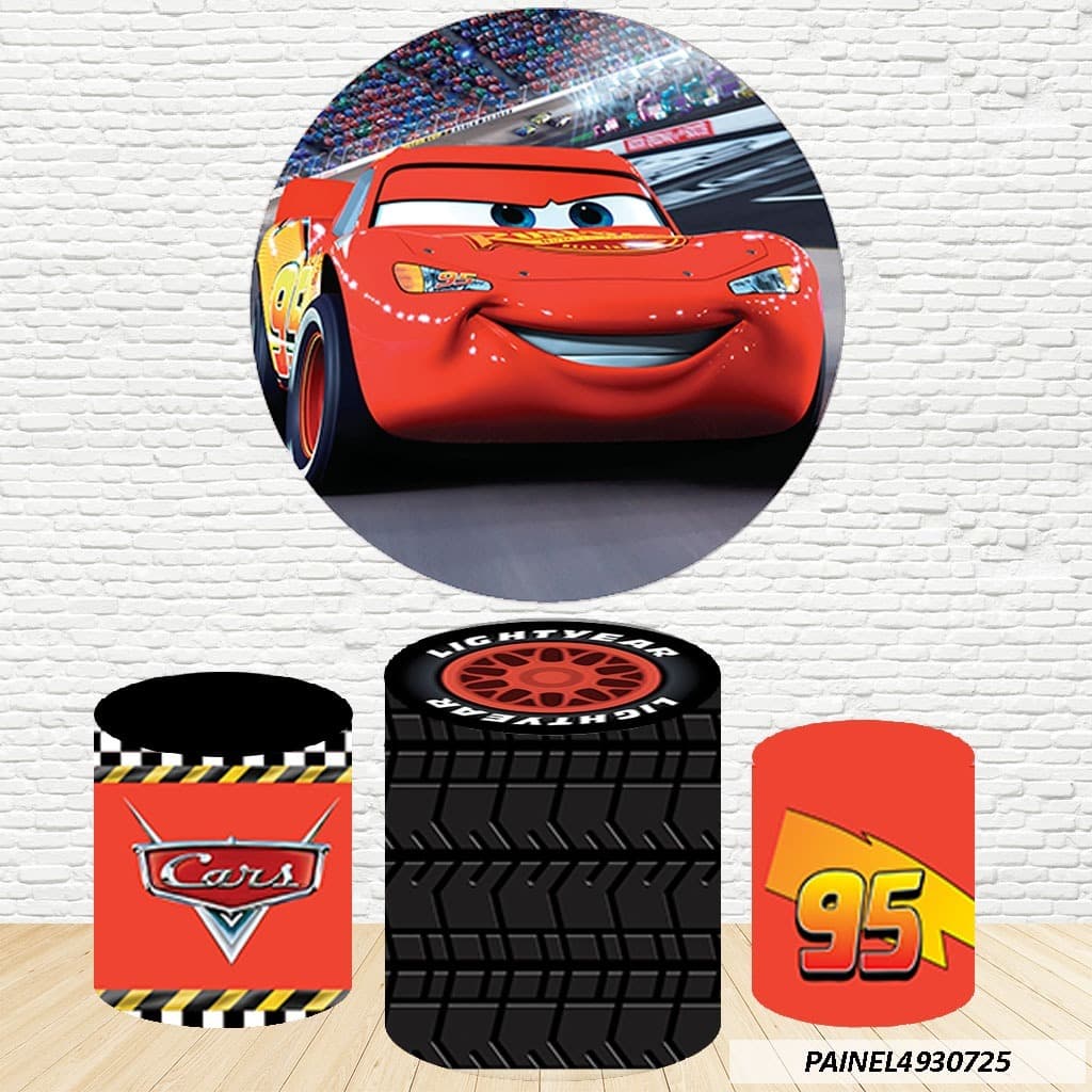 Kit de Capa Painel Redondo Sublimado  McQueen 1,50M + Trio Capas de Cilindro C/Elástico