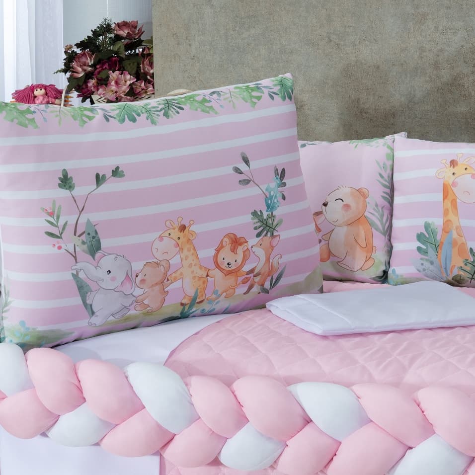 Kit Berço Americano Completo Para Menina 12 Peças Enxoval Algodão Floresta Rosa