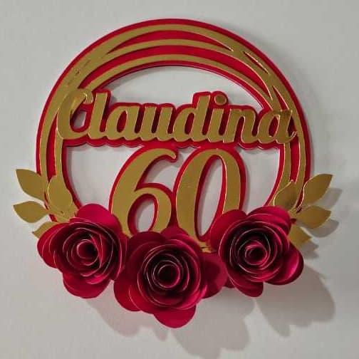 Topo de Bolo Circular M04 Personalizado  – Nome e Idade – flores  – dourado/ prata/3D