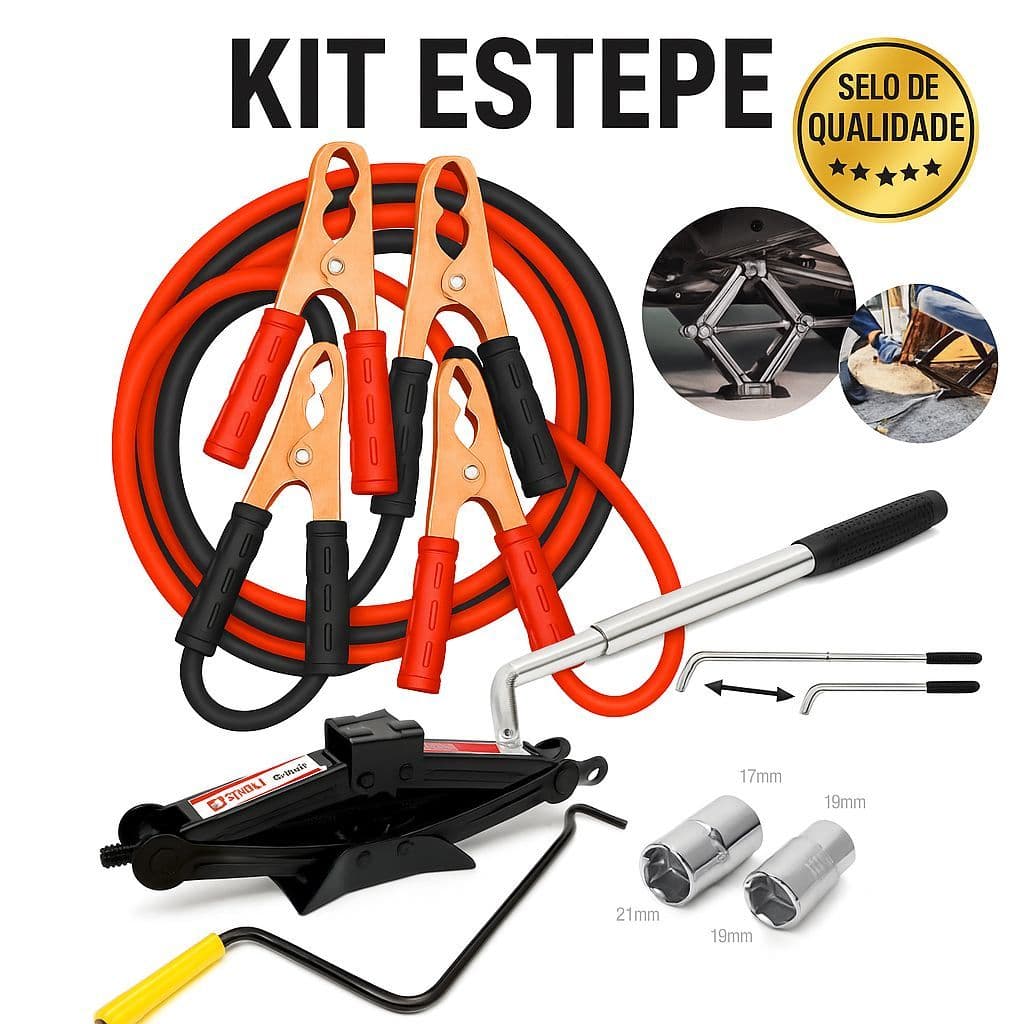 Kit Estepe Automotivo Chave de Roda Universal + Macaco Sanfona 1T + Cabo de Chupeta Reforçado
