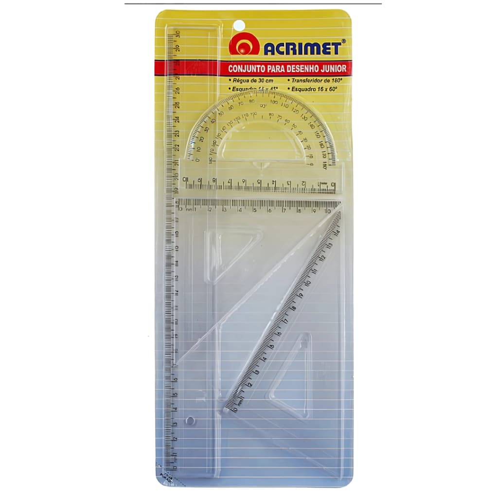 Conjunto Junior Transferidor Esquadro Tecnico Escolar Desenho Com Escala Acrimet Transparente 561