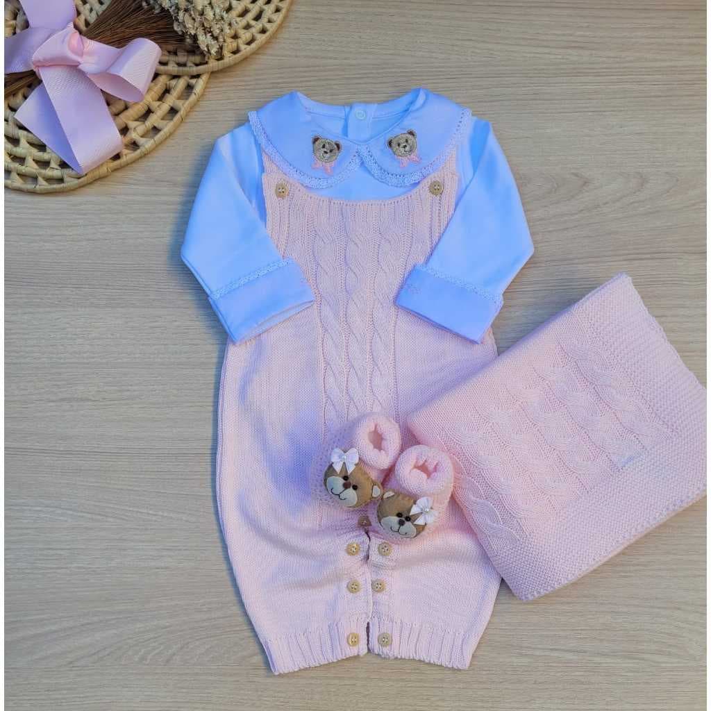 Saída de maternidade menina jardineira rosa tricot ursinha 4 peças