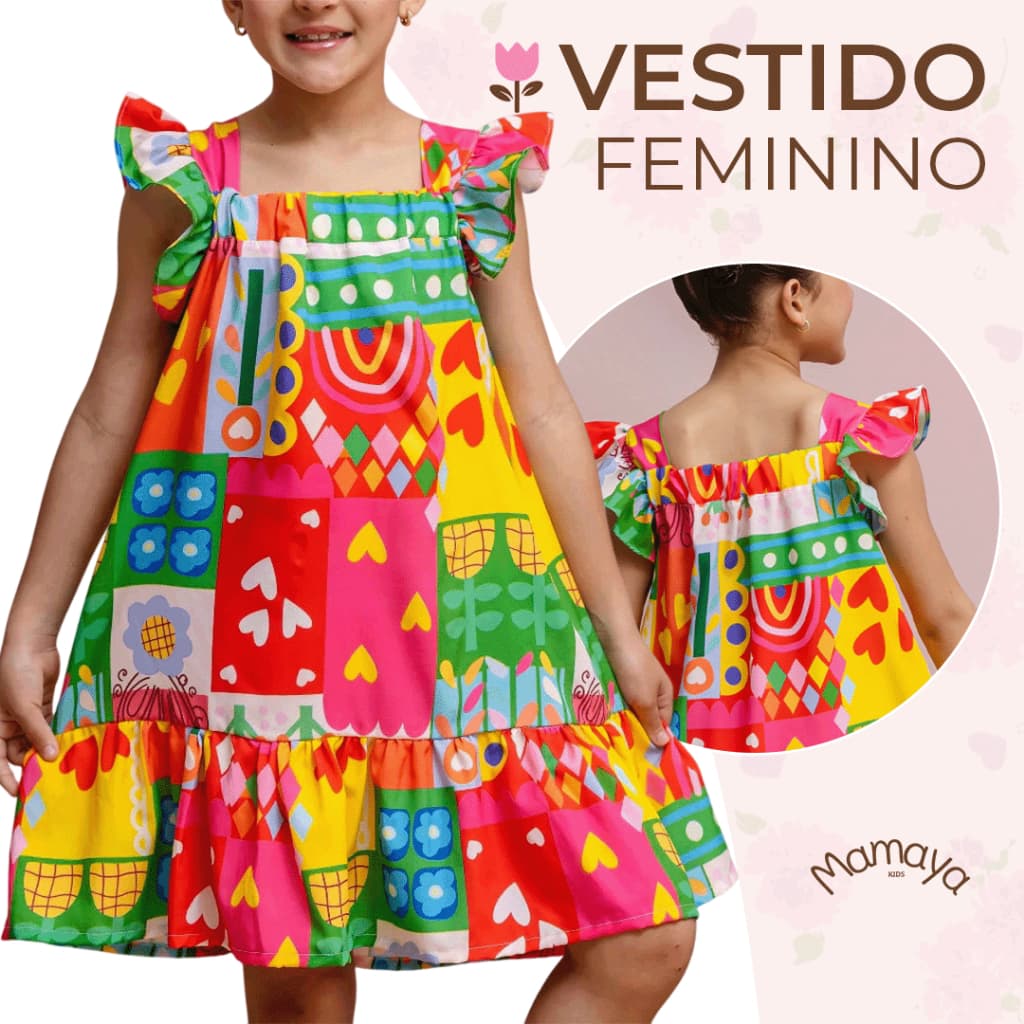 Vestido Infantil Menina Estampado Colorido Bloguerinha Luxo Casual Delicado Premium 4 a 12 Anos