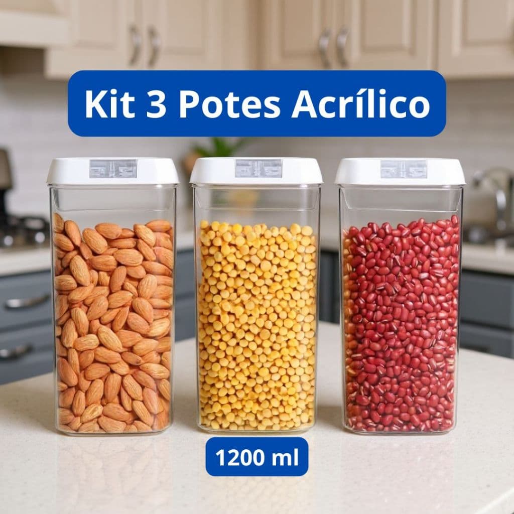 Kit 3 Potes Herméticos Mantimentos Acrílico Multiuso 1200ML -  Cozinha - Despensa - Empilhaveis