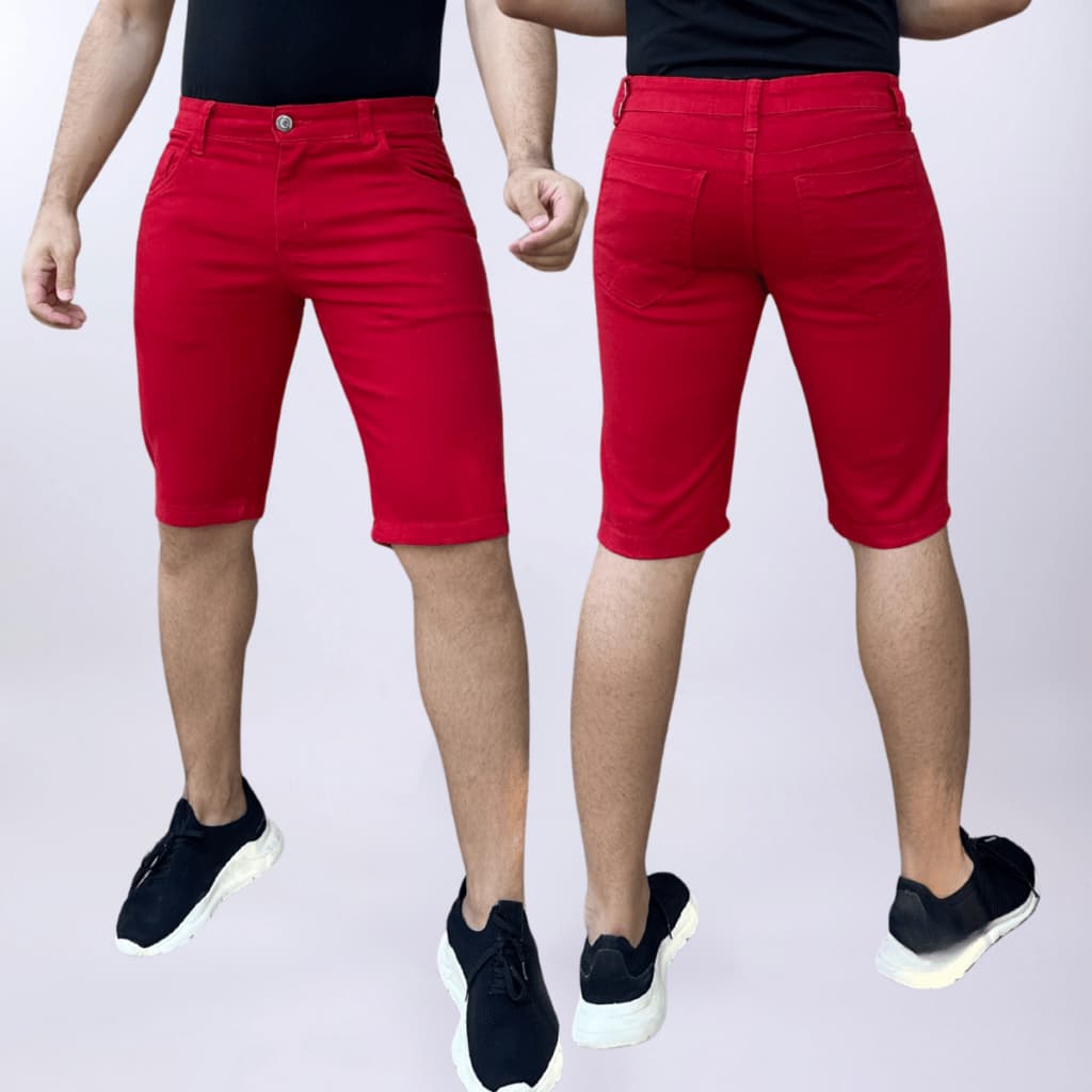 Bermuda Vermelha Masculina Short Sarja Brim Colorida Premium  Com Lycra Bolso Relógio Esporte Fino