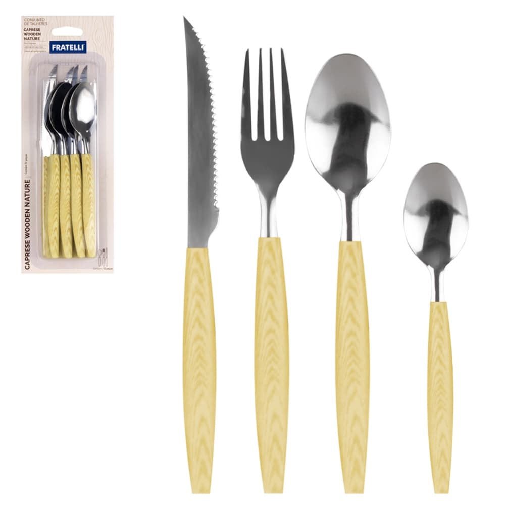 CONJUNTO DE TALHERES / FAQUEIRO INOX COM 12 PECAS CABO PLASTICO CAPRESE WOODEN NATURE Código 3823908