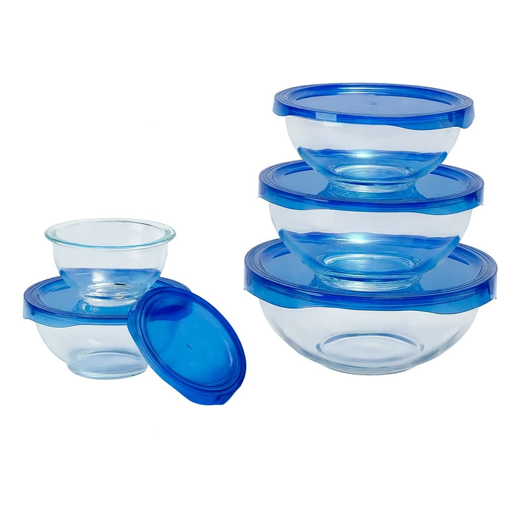 Conjunto 5 Tigelas Pote De Vidro Tampa Azul Hermética Bolw