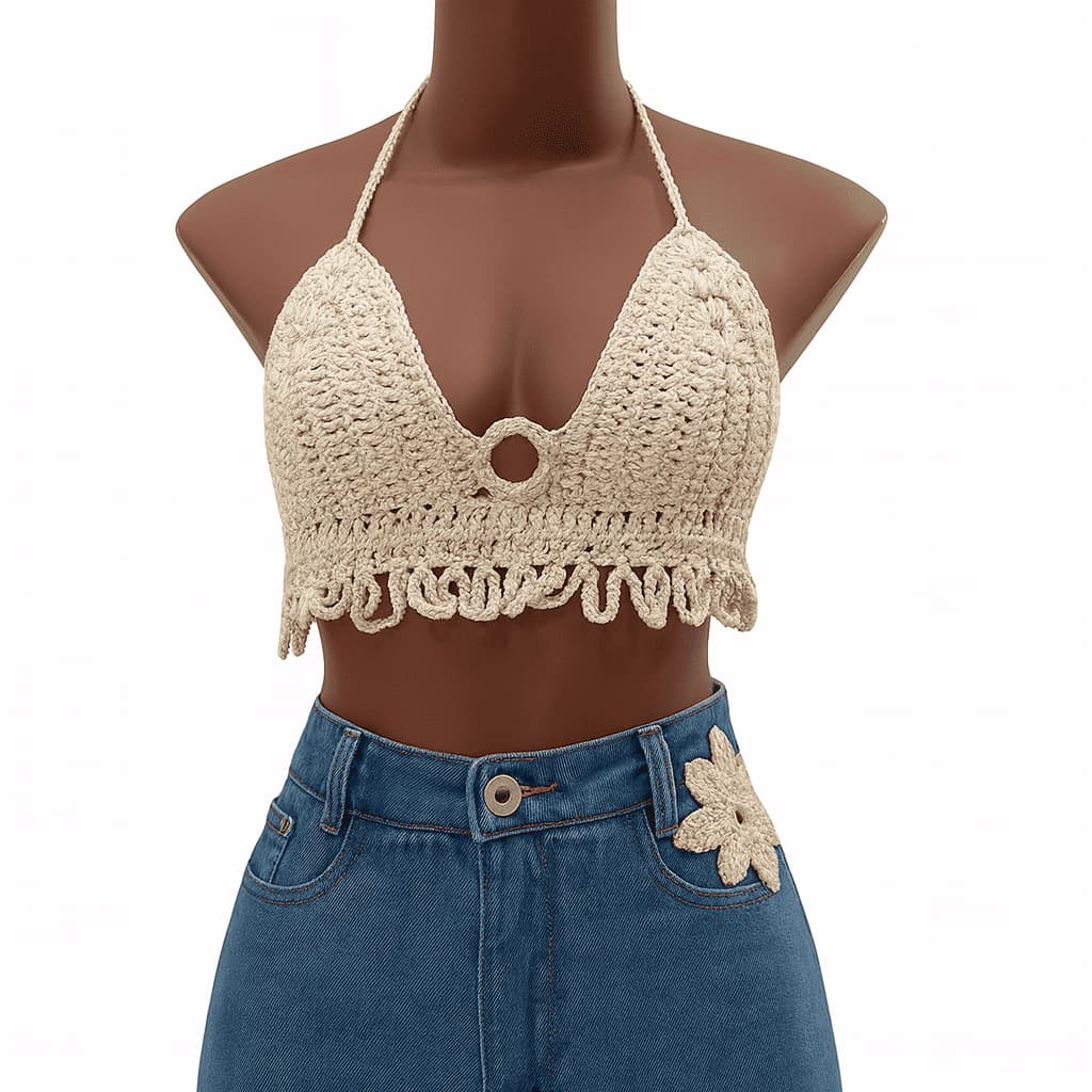 Top Feminino em Crochê Artesanal - Top com Argola e Franja -  Top Bruna