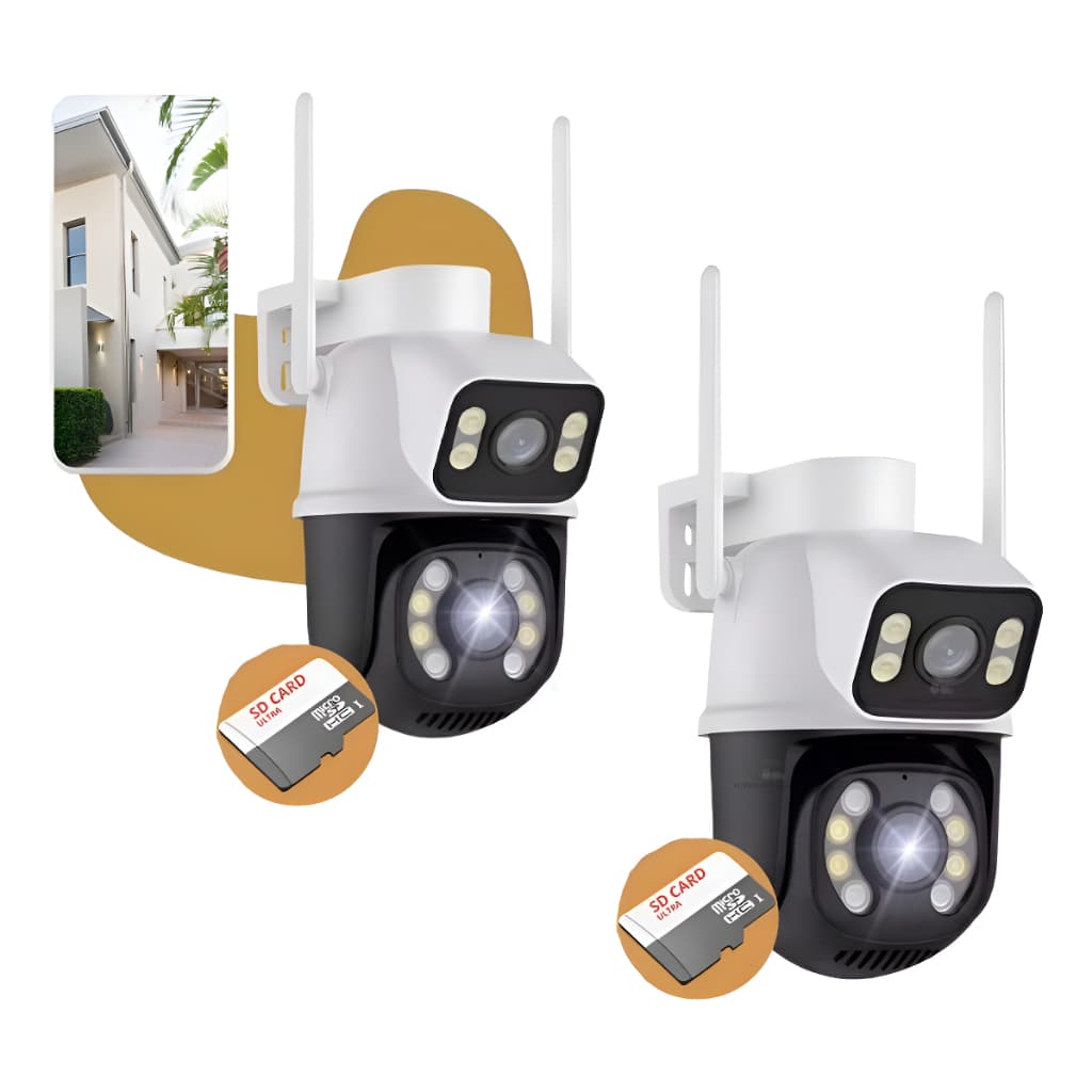 Kit 2 Câmera Lente Dupla Externa WiFi  + 2 Cartões de Memória 64GB Segurança Visão Noturna