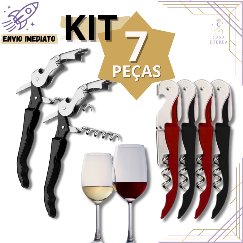 Kit 7 Abridor de Vinhos Inox 3 em 1 Sommelier com Saca Rolhas e Cortador de Cápsula para Casa Restaurante Bartender
