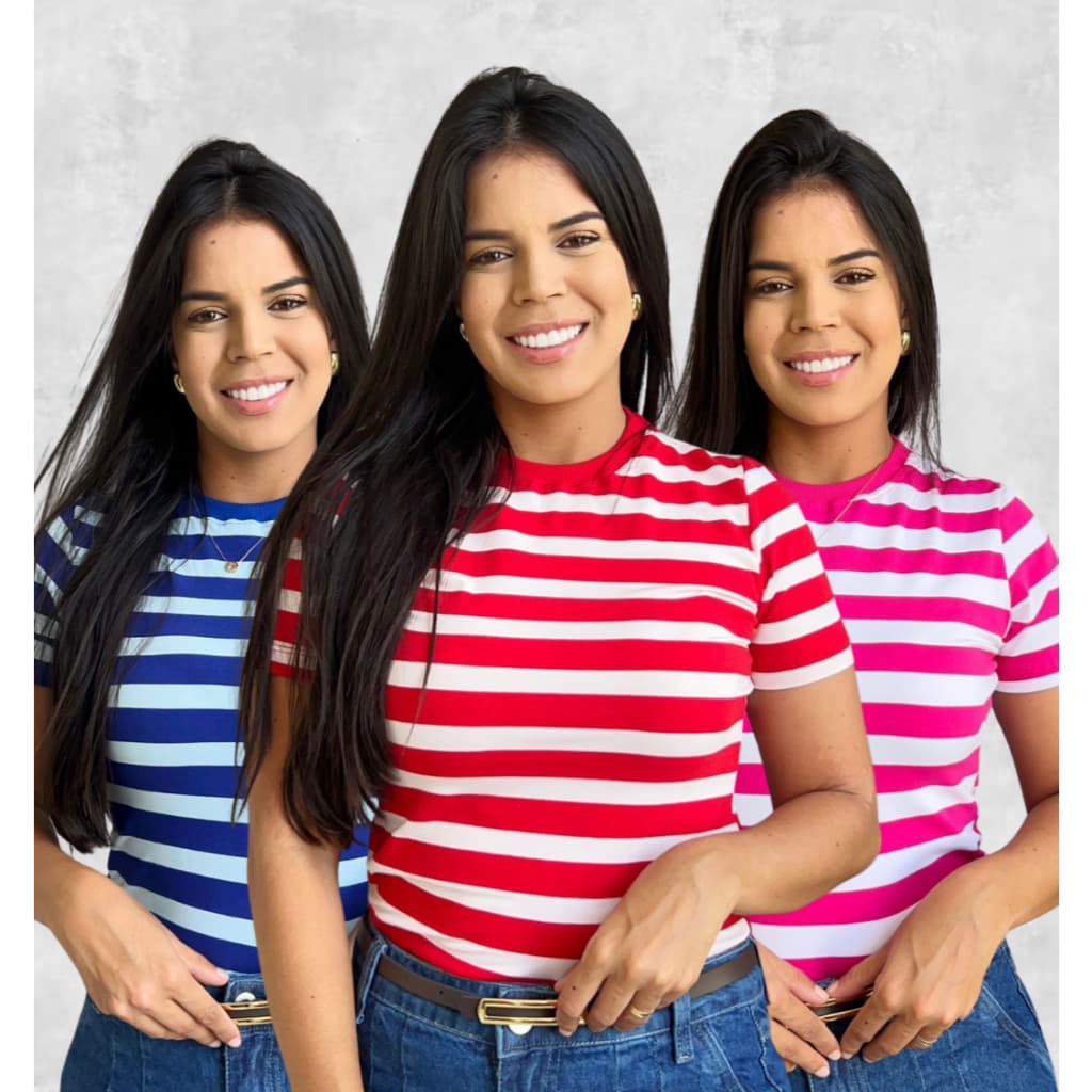 T-shirt feminina blusa listrada babylook gola redonda cotton listras vermelha rosa azul