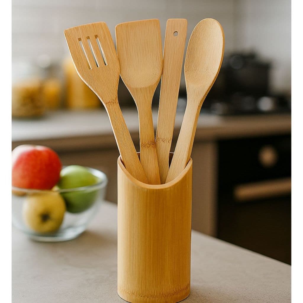 Kit 5 Peças Utensílios Cozinha Bambu Colher Pau Espátula