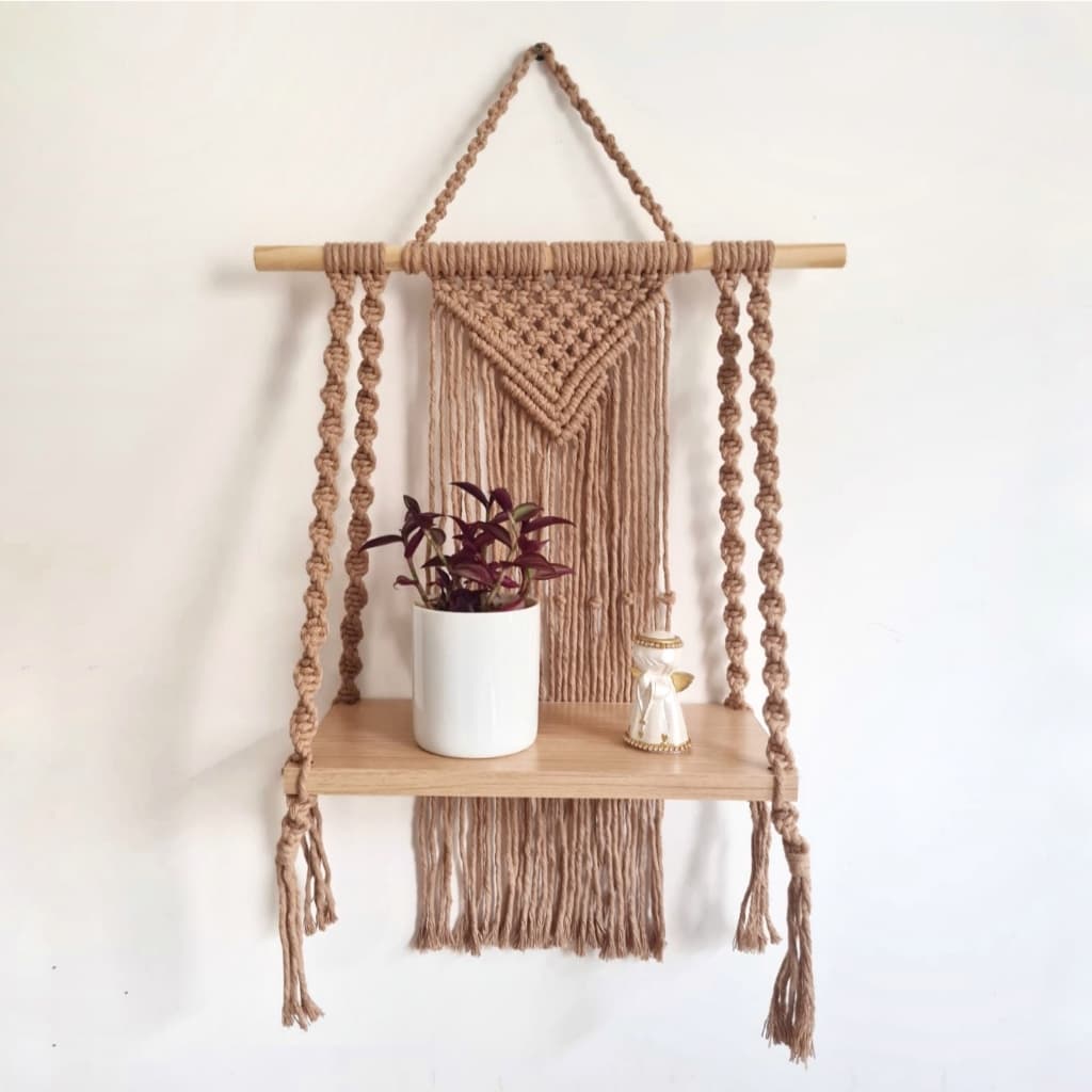 prateleira macrame mdf lindo acabamento prateleira suspensa suporte para vasos, livros, altar de macramê