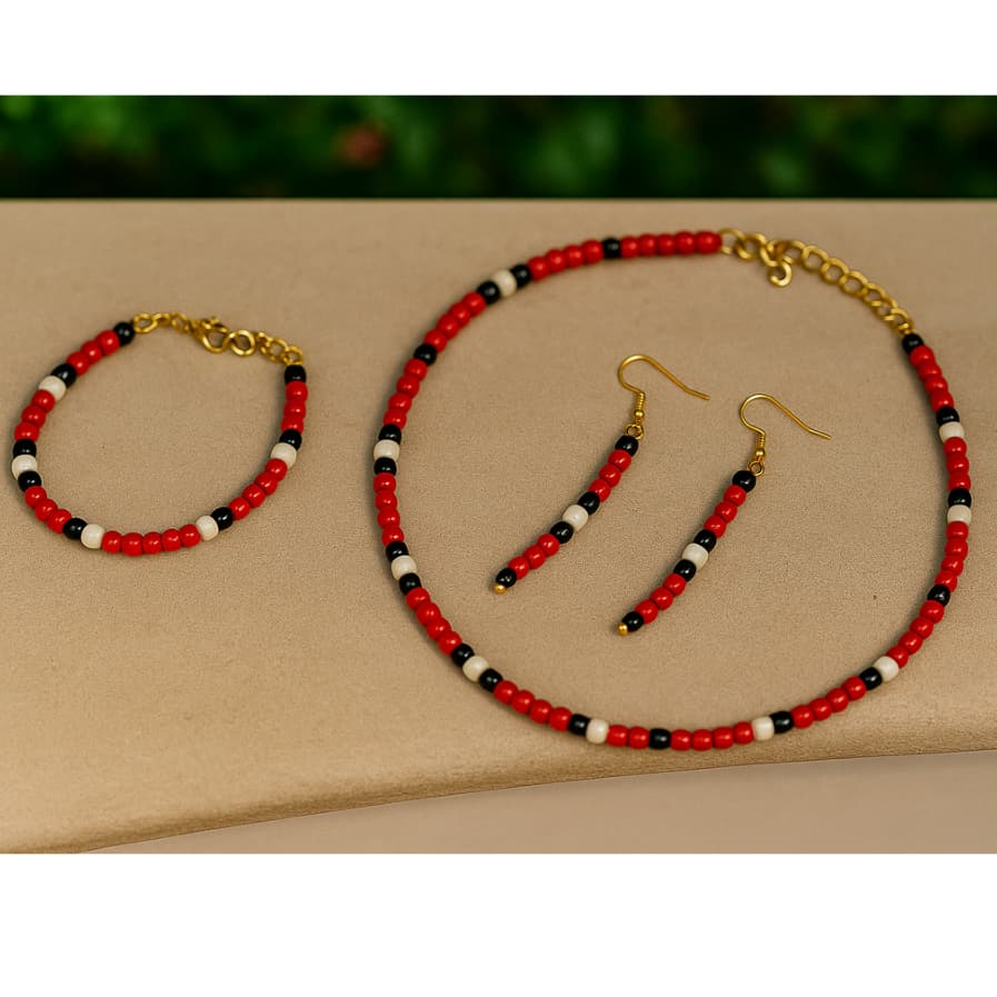 Kit Conjunto Bijuteria Cobra Coral - Colar,Brincos e Pulseira de Miçangas Feminina - Proteção Espiritual