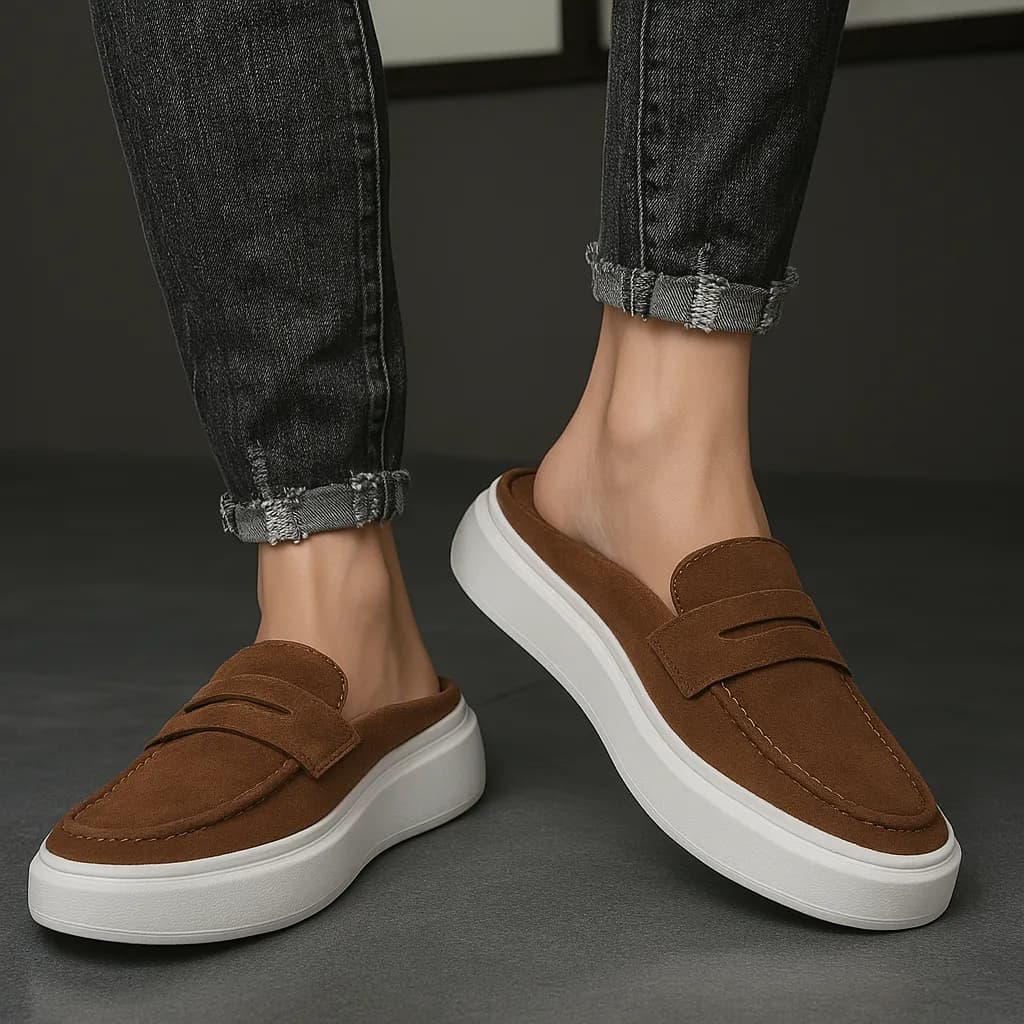 Mocassim Loafer Mule Masculino Slip On em Couro Camurça Sola Alta Moda Casual Luxo