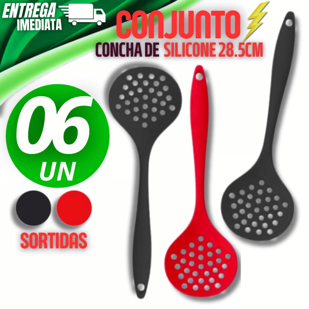 06 Escumadeira Silicone Cabo Longo Utensílio Casa Cozinha Restaurante Buffet Lanchonete Bares