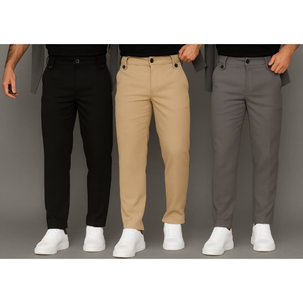 kit 3 calças alfaiataria corte reto detalhe no cos