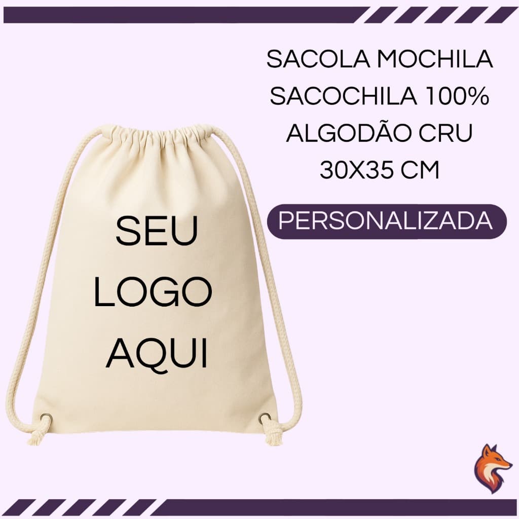 SACOLA MOCHILA ECOLOGICA 100% ALGODÃO CRU SACOCHILA PERSONALIZADA 35X30 CM ESTAMPA EM DTF